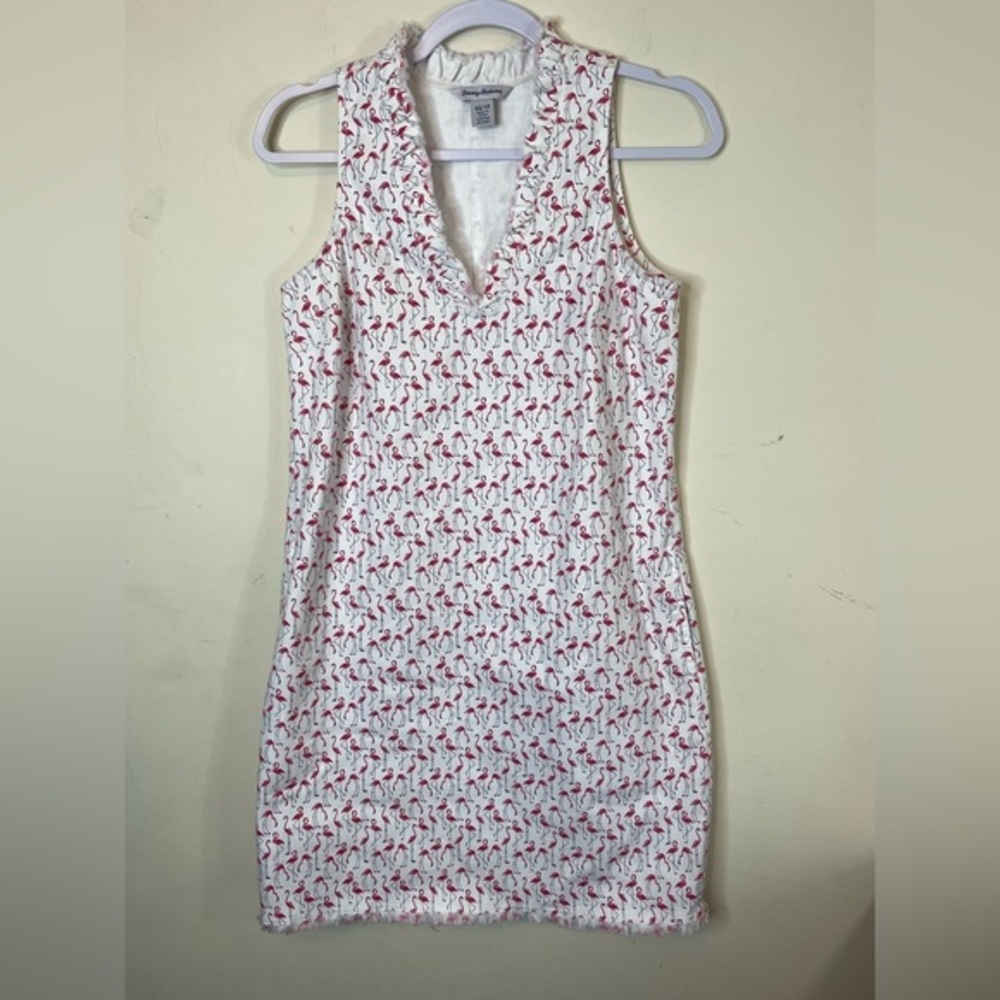 Tommy‎ Bahama Ella Twill Flock And Roll White Denim Dress With Flamingos Size XS